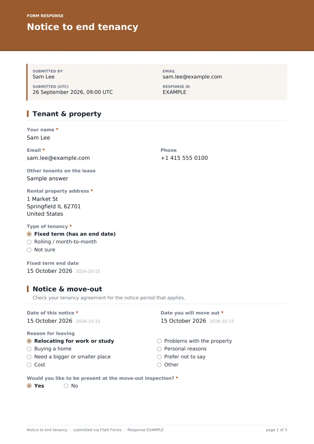 Notice to end tenancy — example response PDF, page 1 of 3