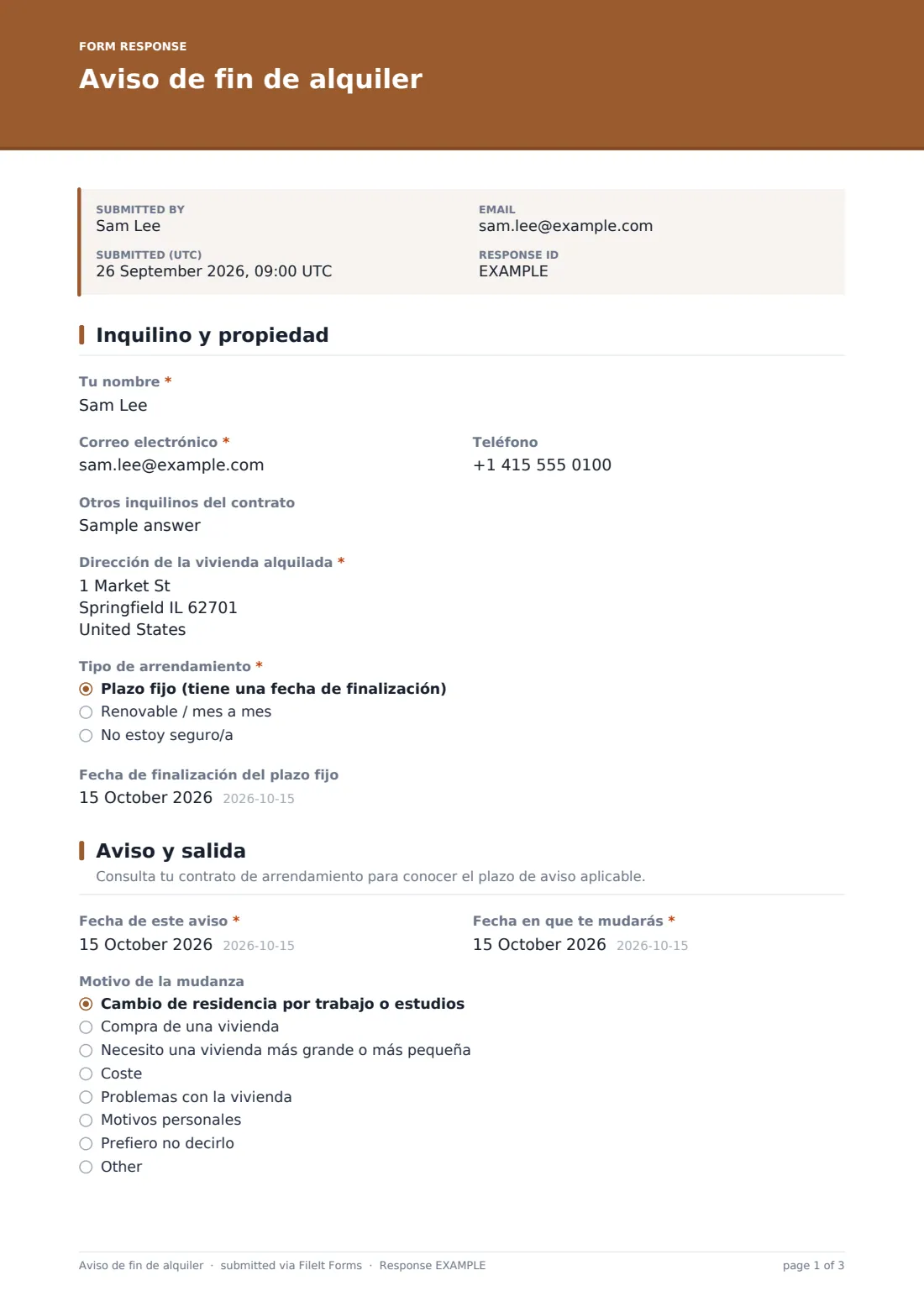 Aviso de fin de alquiler — PDF de respuesta de ejemplo, página 1 de 3