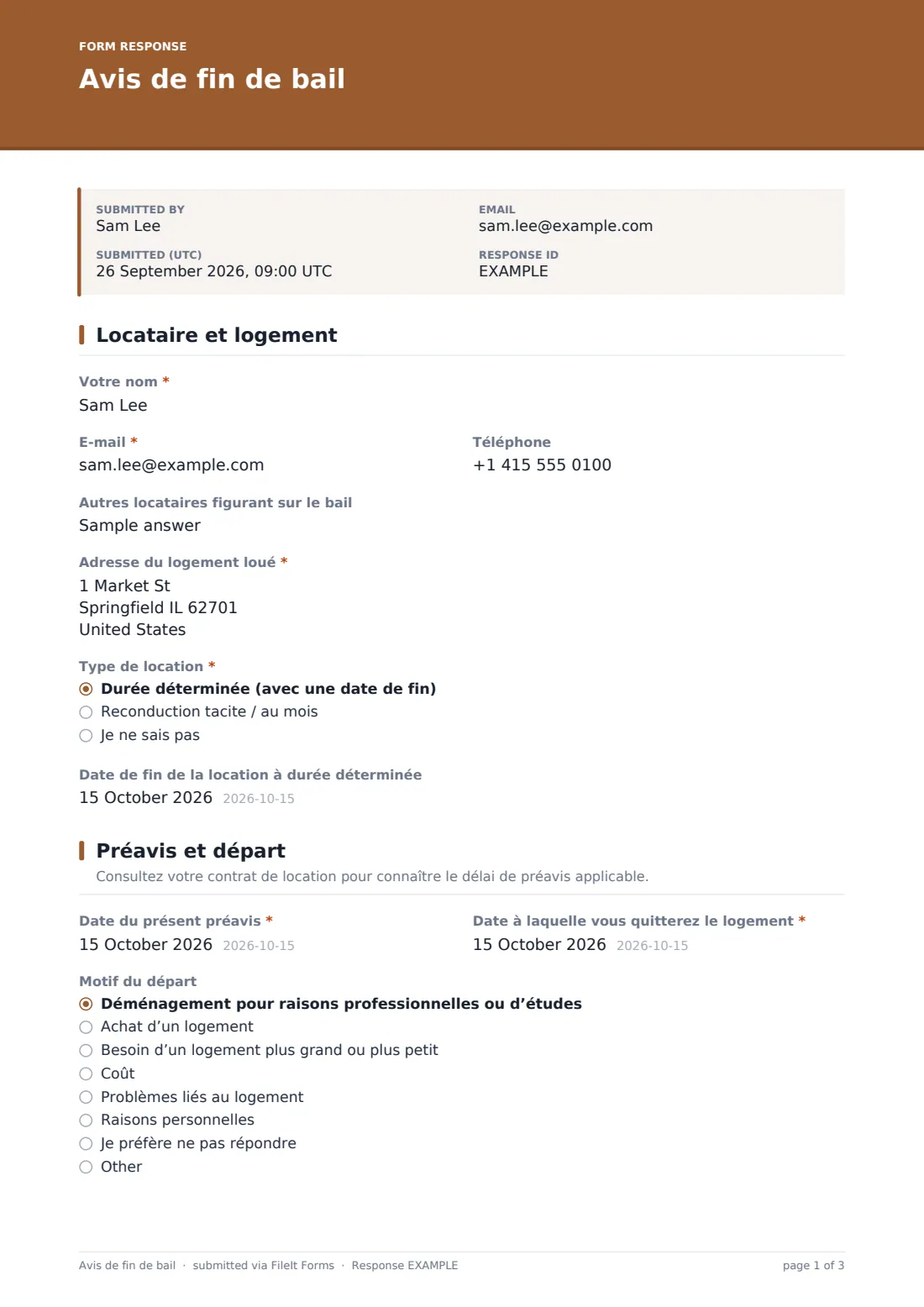 Avis de fin de bail — exemple de réponse au format PDF, page 1 sur 3