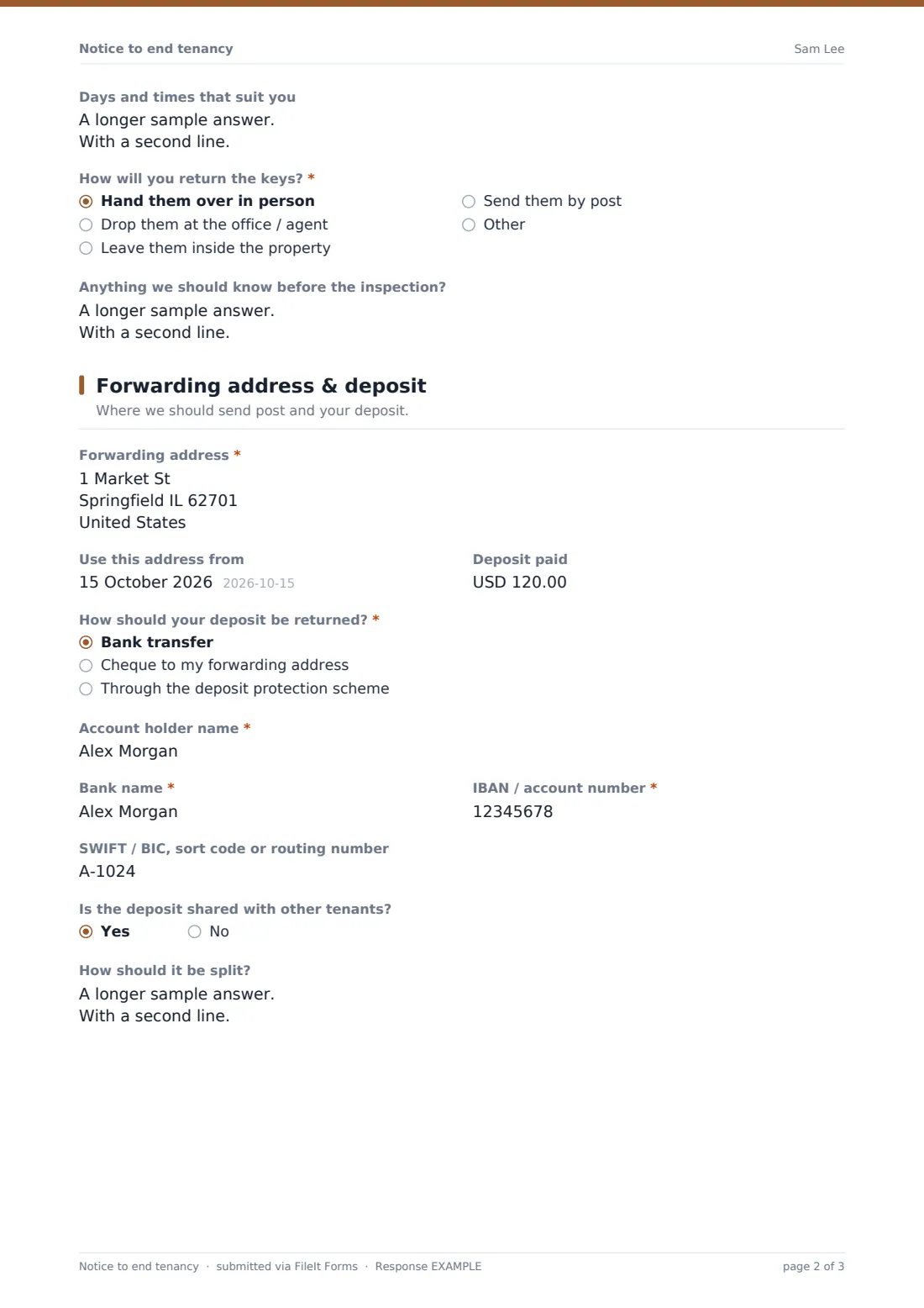 Notice to end tenancy — example response PDF, page 2 of 3