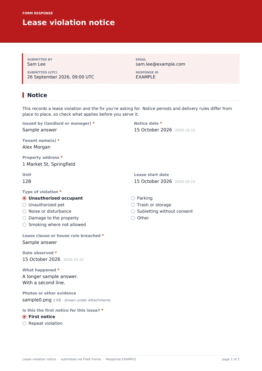 Lease violation notice — example response PDF, page 1 of 2