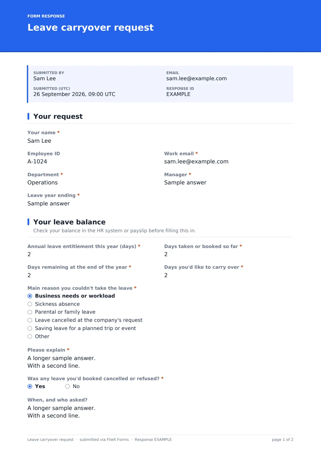 Leave carryover request — example response PDF, page 1 of 2