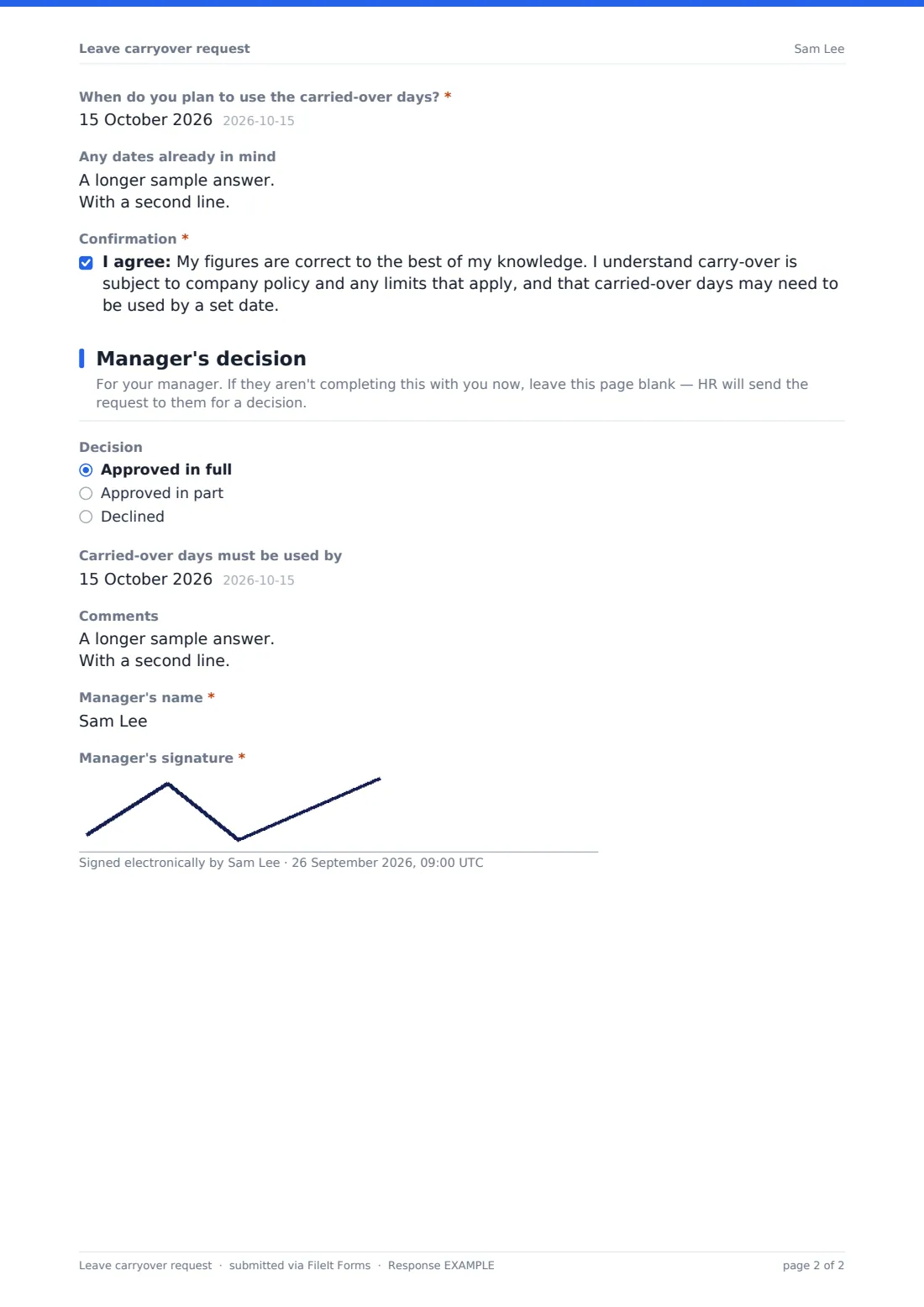 Leave carryover request — example response PDF, page 2 of 2