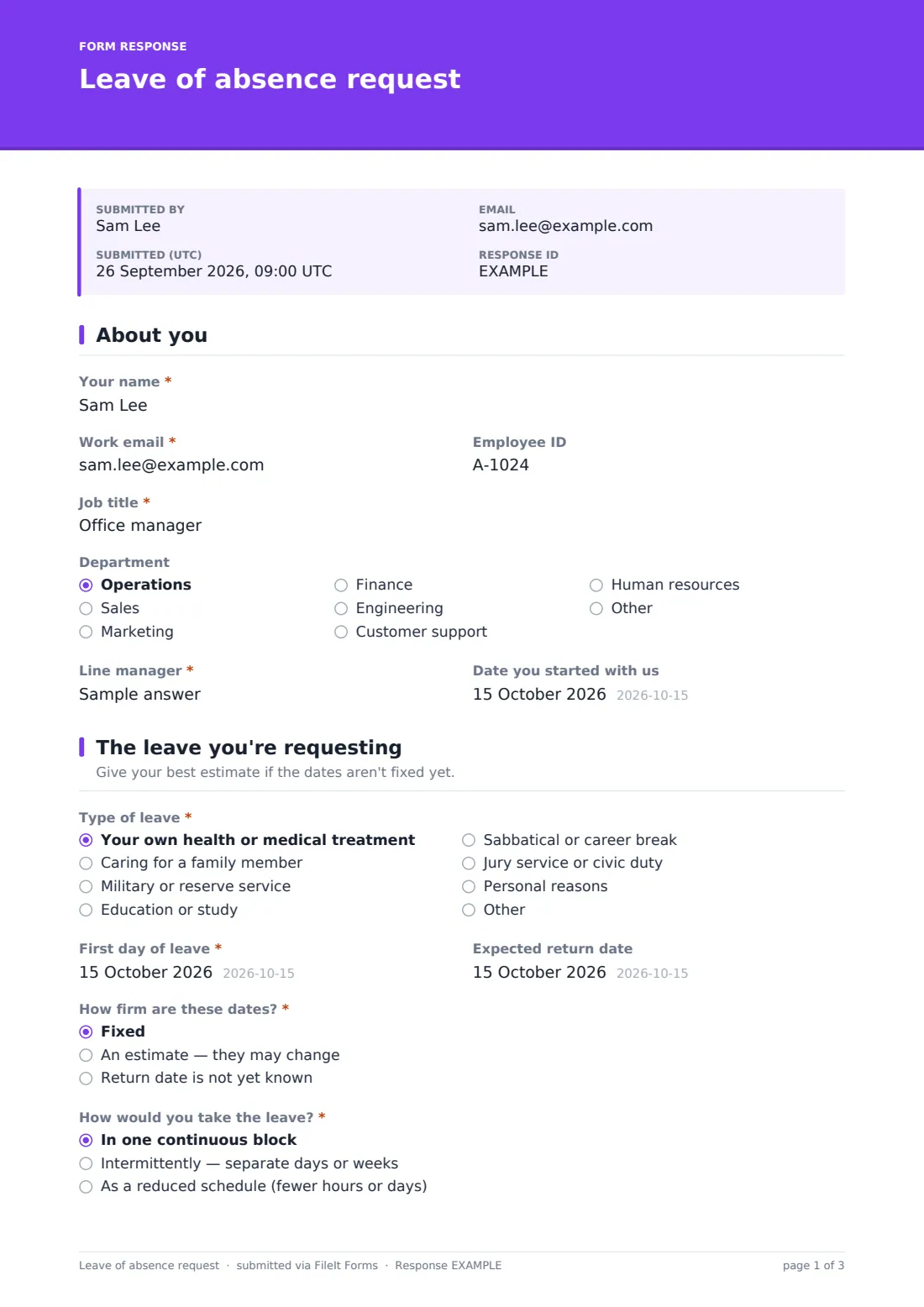 Leave of absence request — example response PDF, page 1 of 3