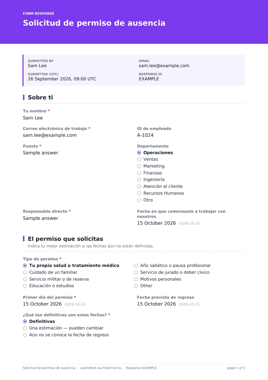 Solicitud de permiso de ausencia — PDF de respuesta de ejemplo, página 1 de 3