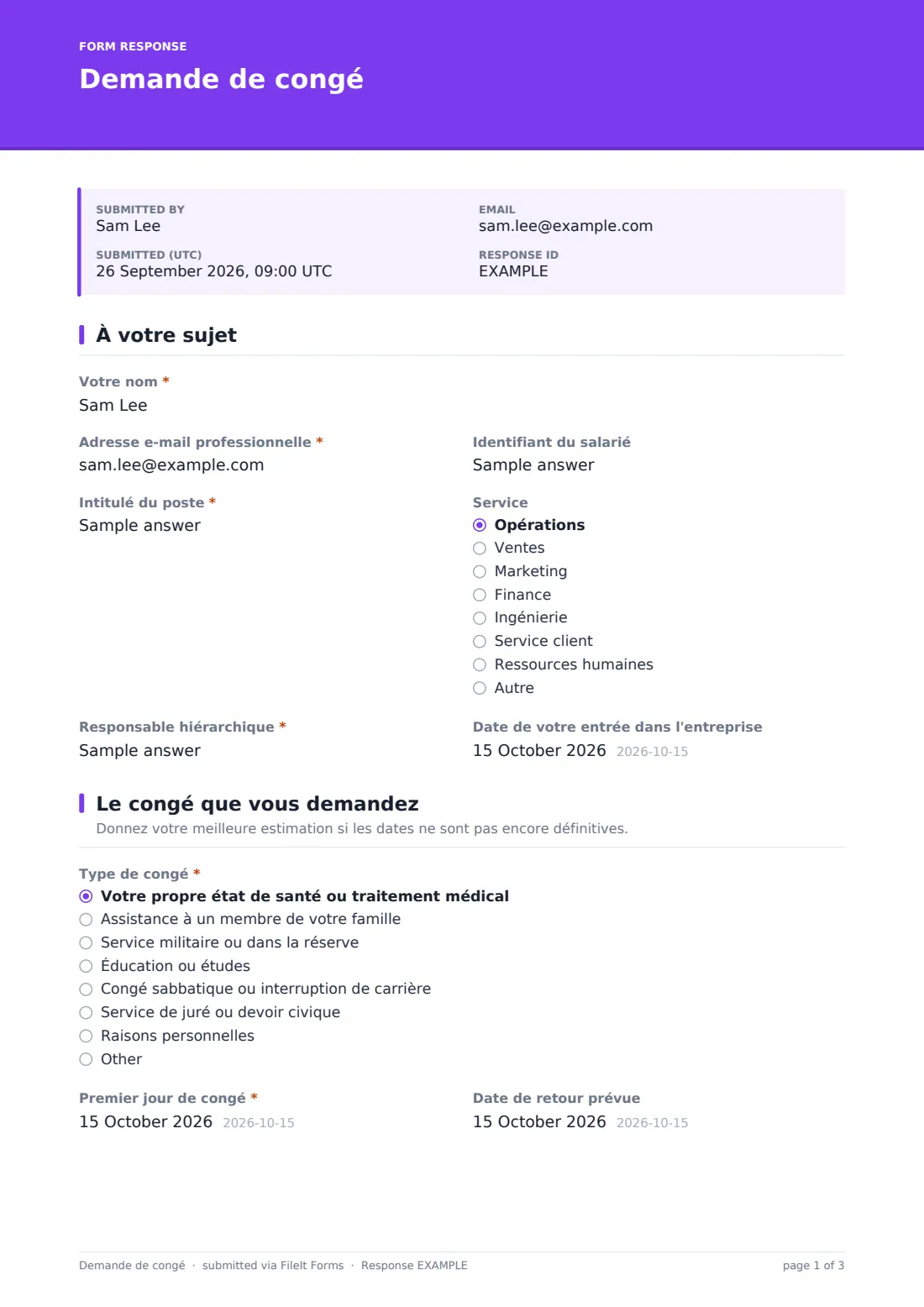 Demande de congé — exemple de réponse au format PDF, page 1 sur 3