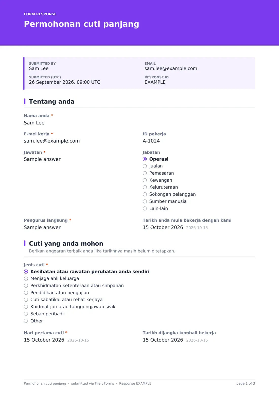 Permohonan cuti panjang — PDF respons contoh, halaman 1 daripada 3