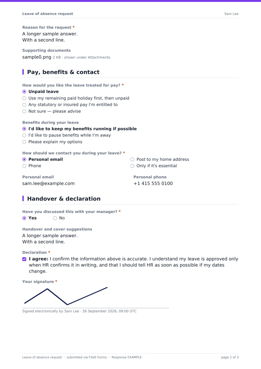 Leave of absence request — example response PDF, page 2 of 3