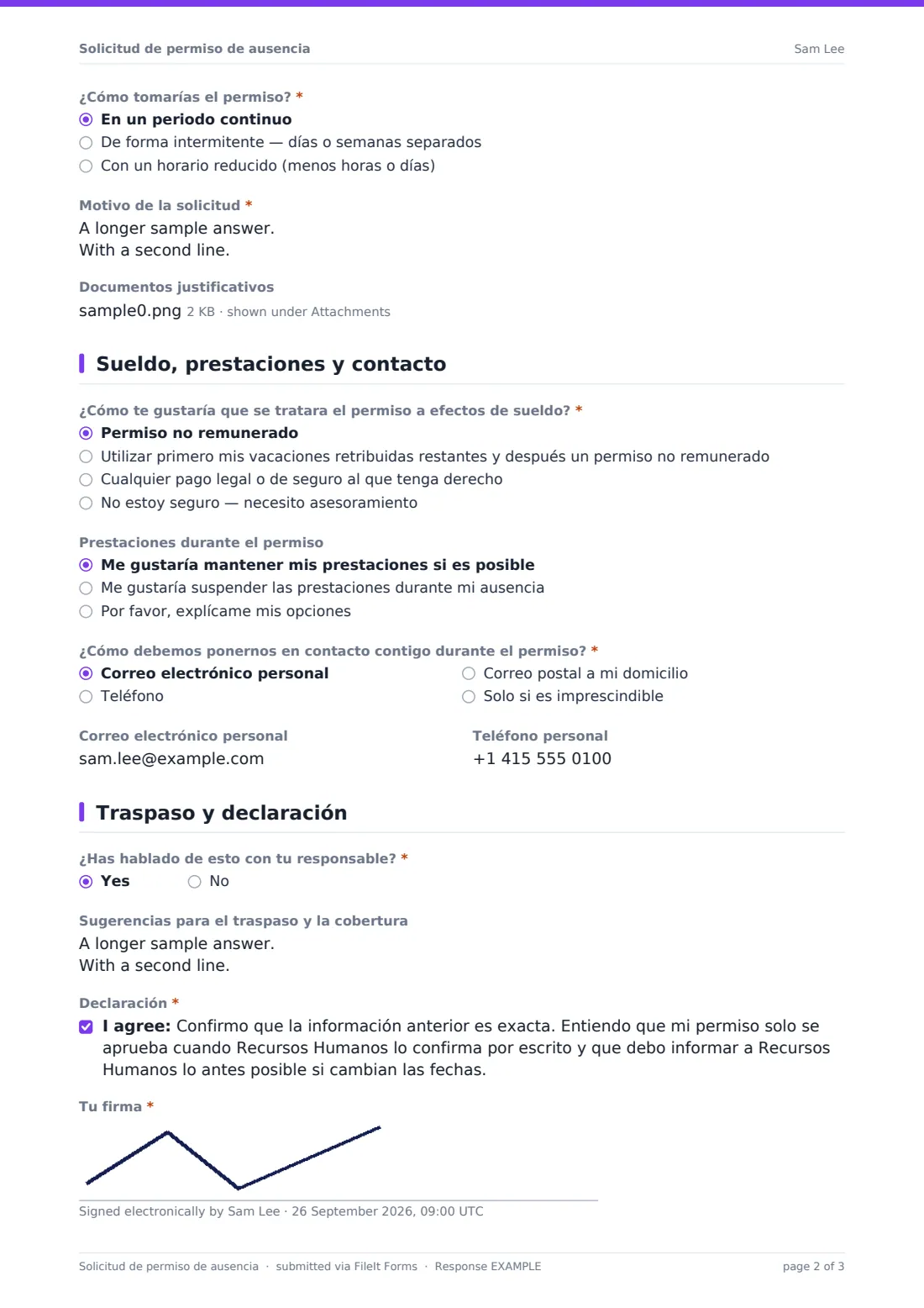 Solicitud de permiso de ausencia — PDF de respuesta de ejemplo, página 2 de 3