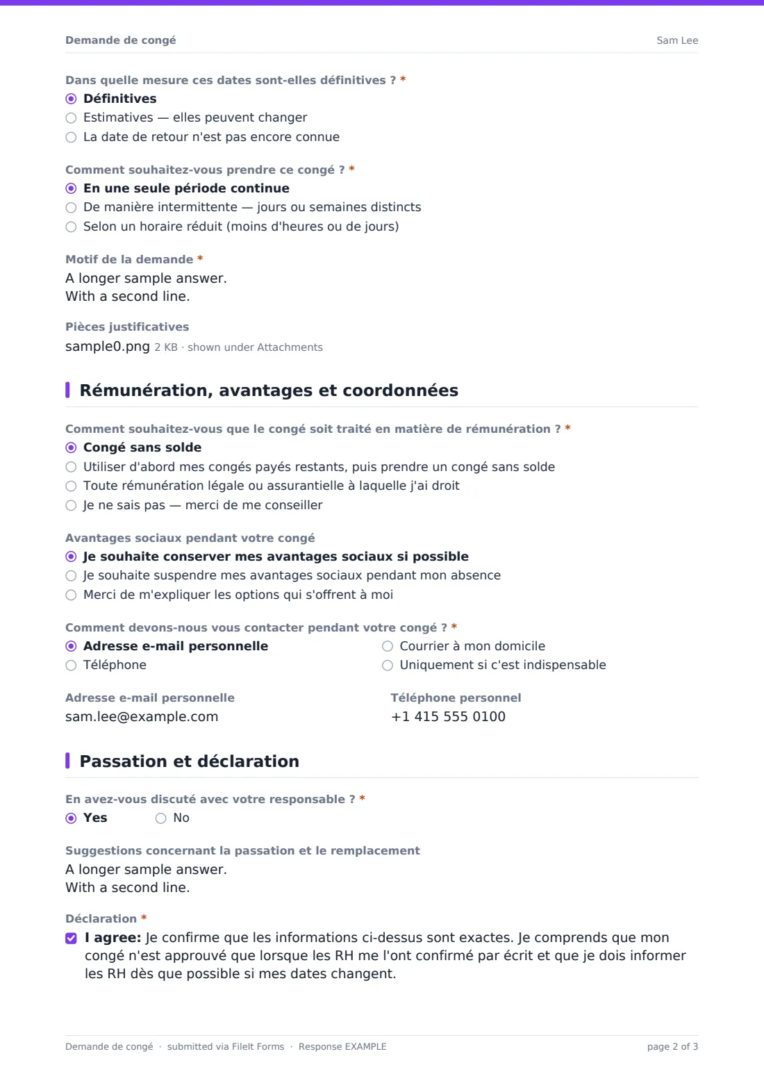 Demande de congé — exemple de réponse au format PDF, page 2 sur 3