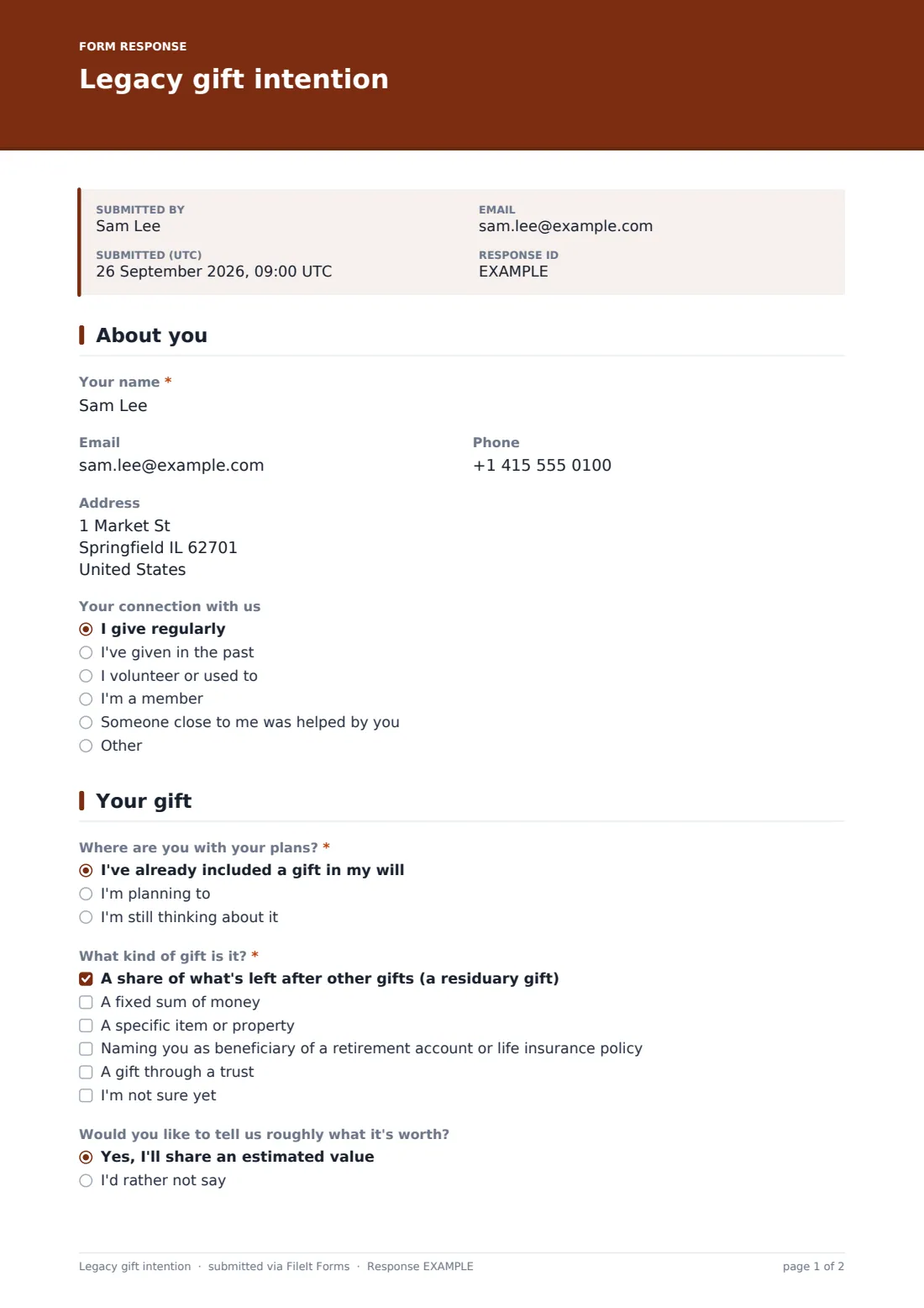 Legacy gift intention — example response PDF, page 1 of 2