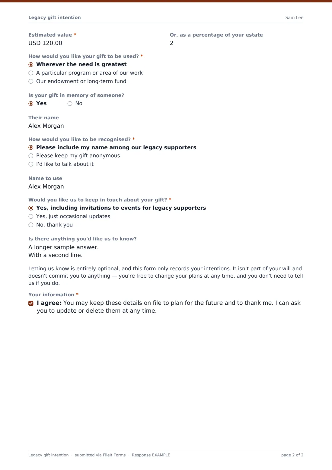 Legacy gift intention — example response PDF, page 2 of 2