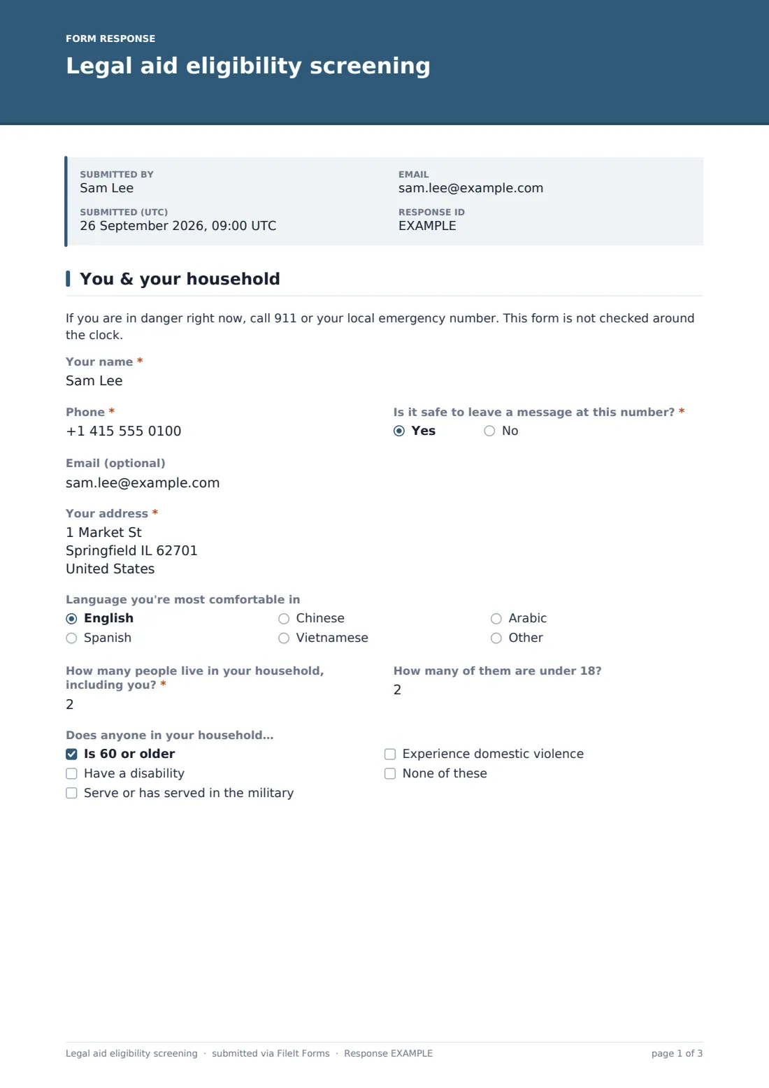 Legal aid eligibility screening — example response PDF, page 1 of 3
