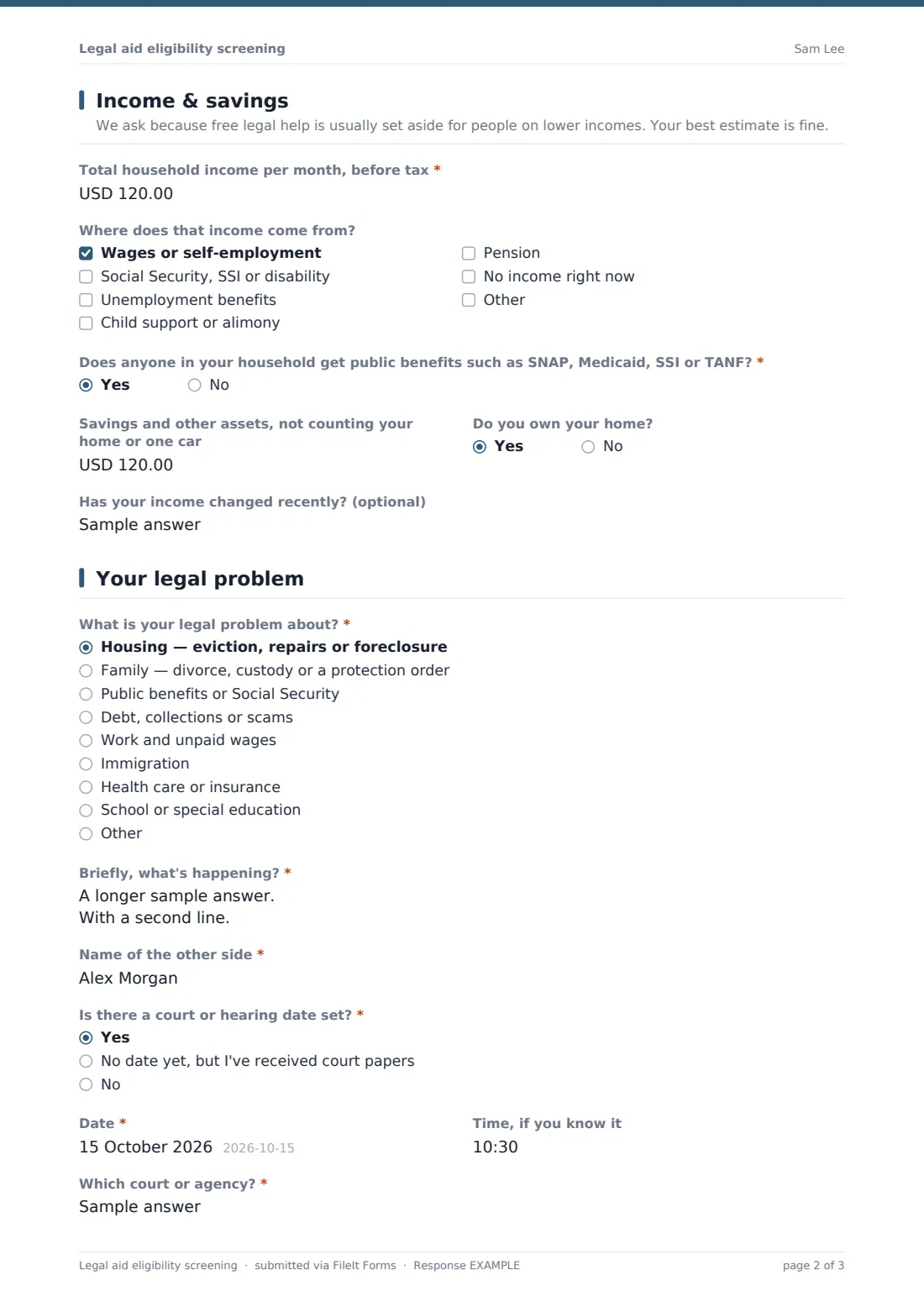 Legal aid eligibility screening — example response PDF, page 2 of 3