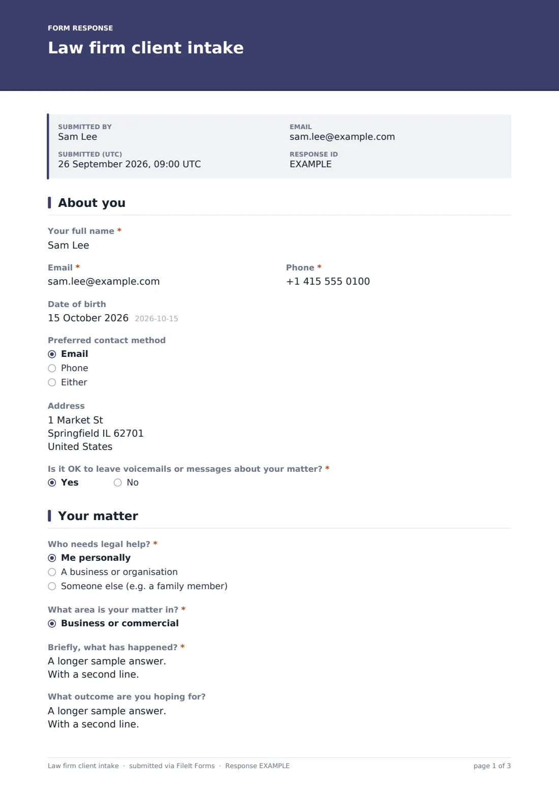 Law firm client intake — example response PDF, page 1 of 3