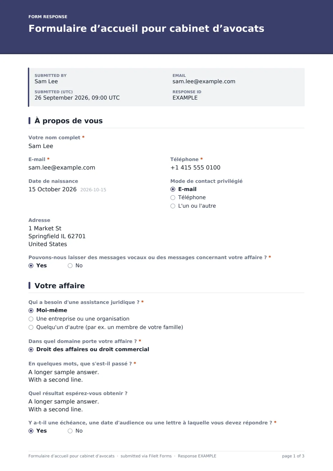 Formulaire d’accueil pour cabinet d’avocats — exemple de réponse au format PDF, page 1 sur 3