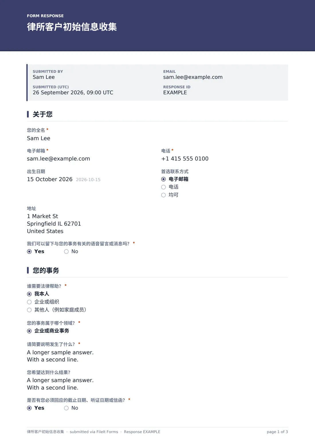 律所客户初始信息收集 — 示例回复 PDF，第 1 页，共 3 页