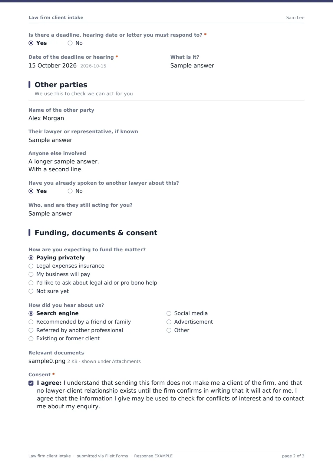 Law firm client intake — example response PDF, page 2 of 3