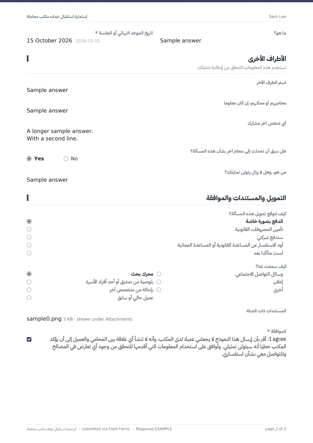 استمارة استقبال عملاء مكتب محاماة — ملف PDF لرد نموذجي، الصفحة 2 من 3