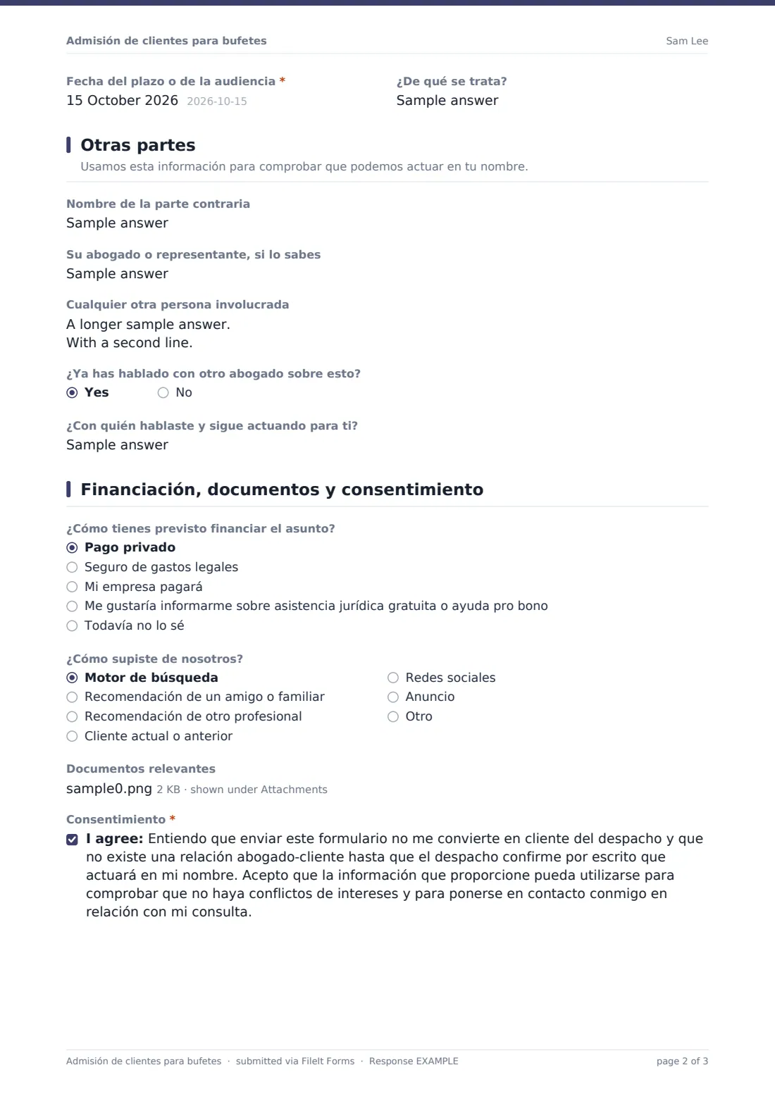 Admisión de clientes para bufetes — PDF de respuesta de ejemplo, página 2 de 3
