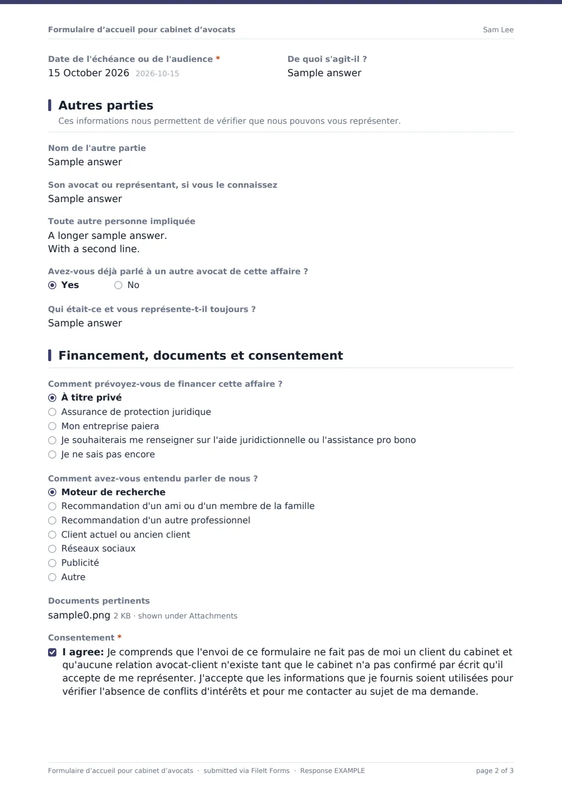 Formulaire d’accueil pour cabinet d’avocats — exemple de réponse au format PDF, page 2 sur 3