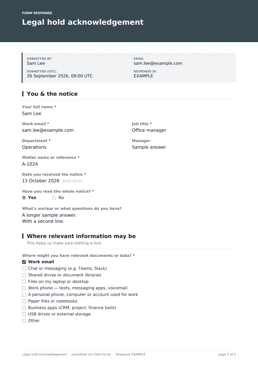 Legal hold acknowledgement — example response PDF, page 1 of 2