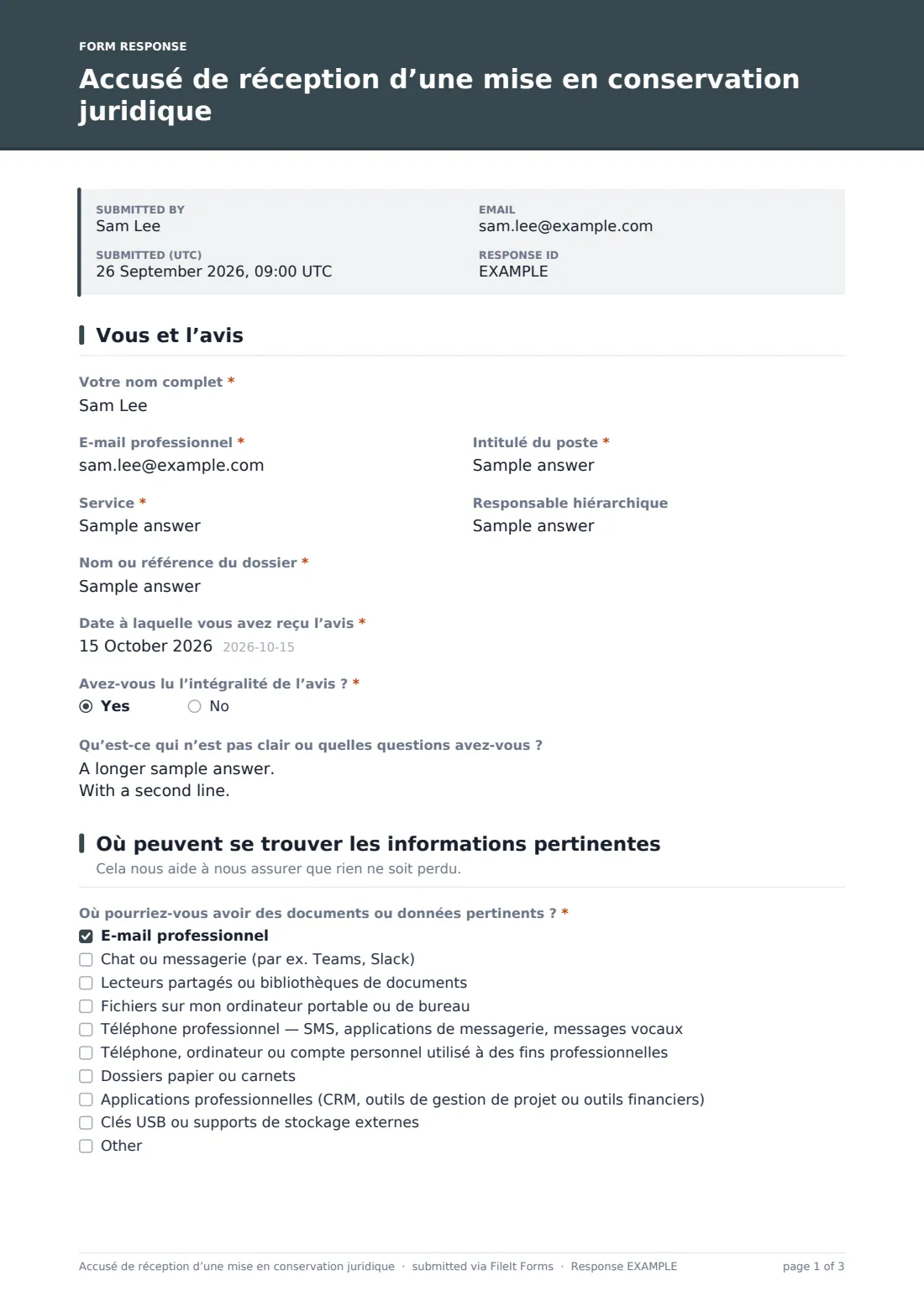 Accusé de réception d’une mise en conservation juridique — exemple de réponse au format PDF, page 1 sur 3