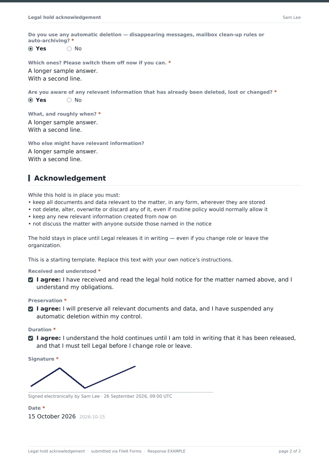 Legal hold acknowledgement — example response PDF, page 2 of 2