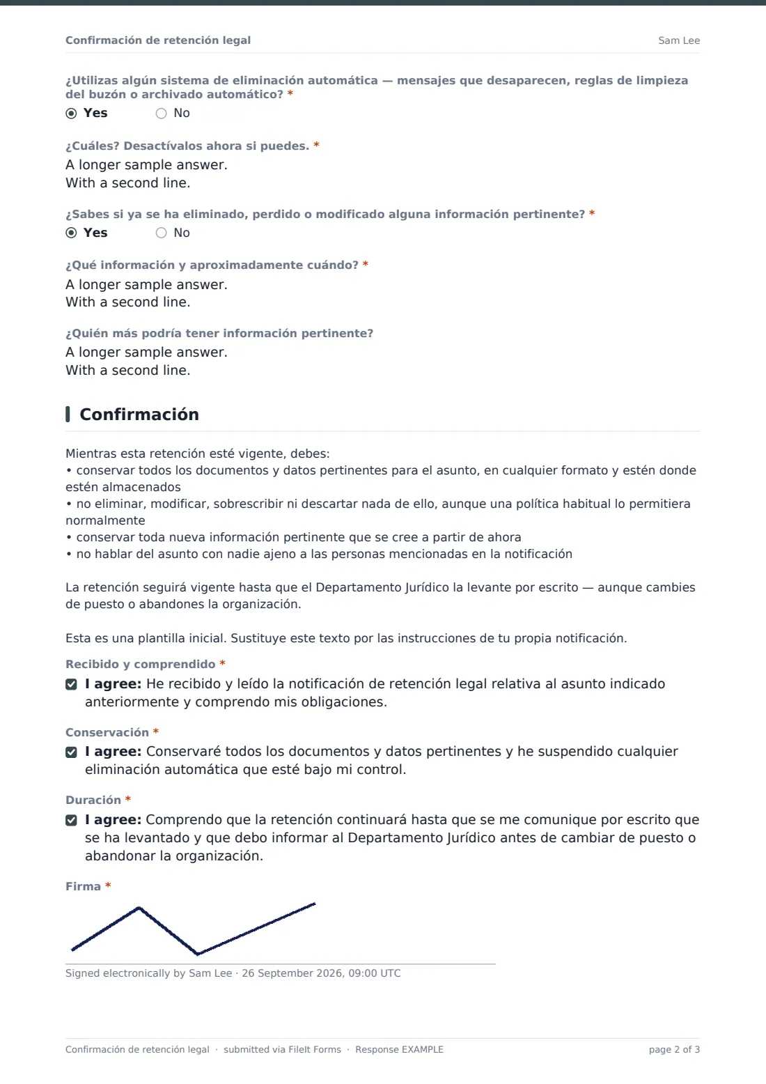Confirmación de retención legal — PDF de respuesta de ejemplo, página 2 de 3