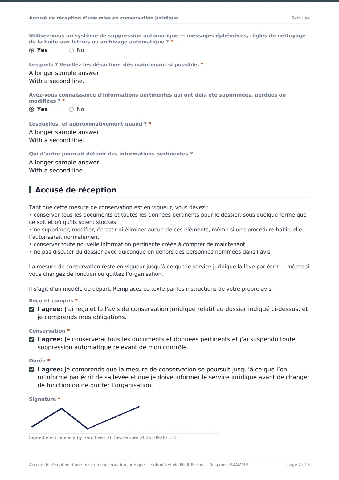 Accusé de réception d’une mise en conservation juridique — exemple de réponse au format PDF, page 2 sur 3