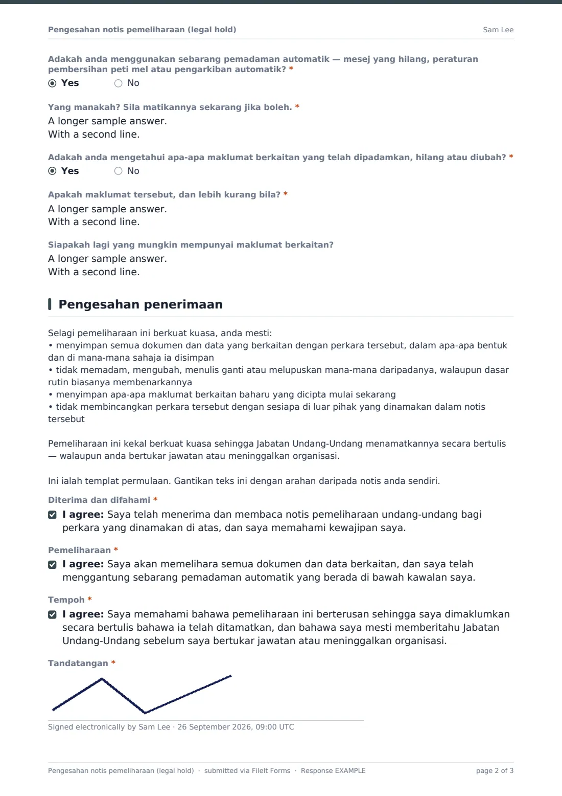 Pengesahan notis pemeliharaan (legal hold) — PDF respons contoh, halaman 2 daripada 3