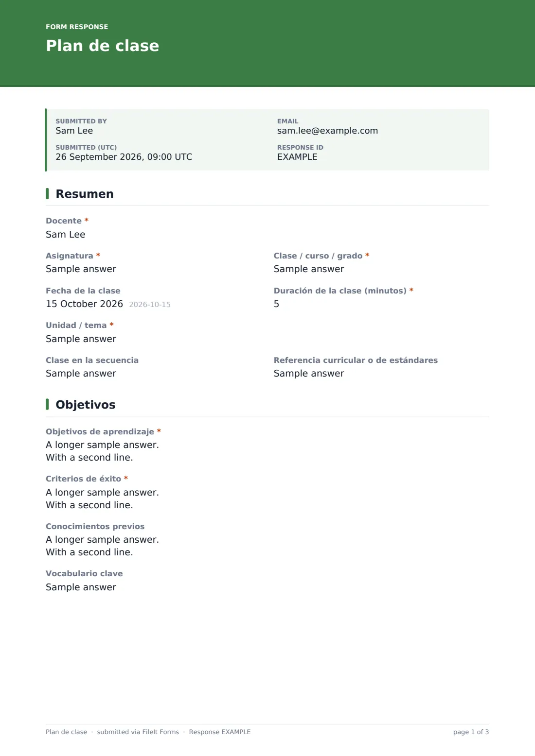 Plan de clase — PDF de respuesta de ejemplo, página 1 de 3
