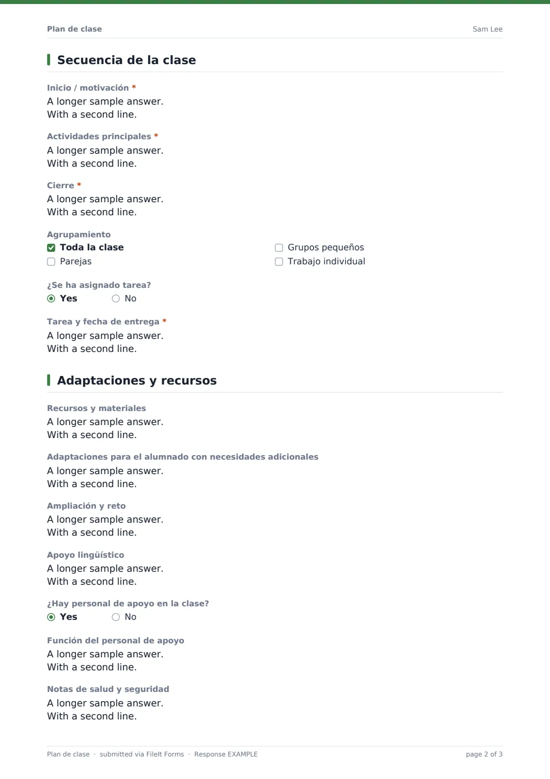 Plan de clase — PDF de respuesta de ejemplo, página 2 de 3