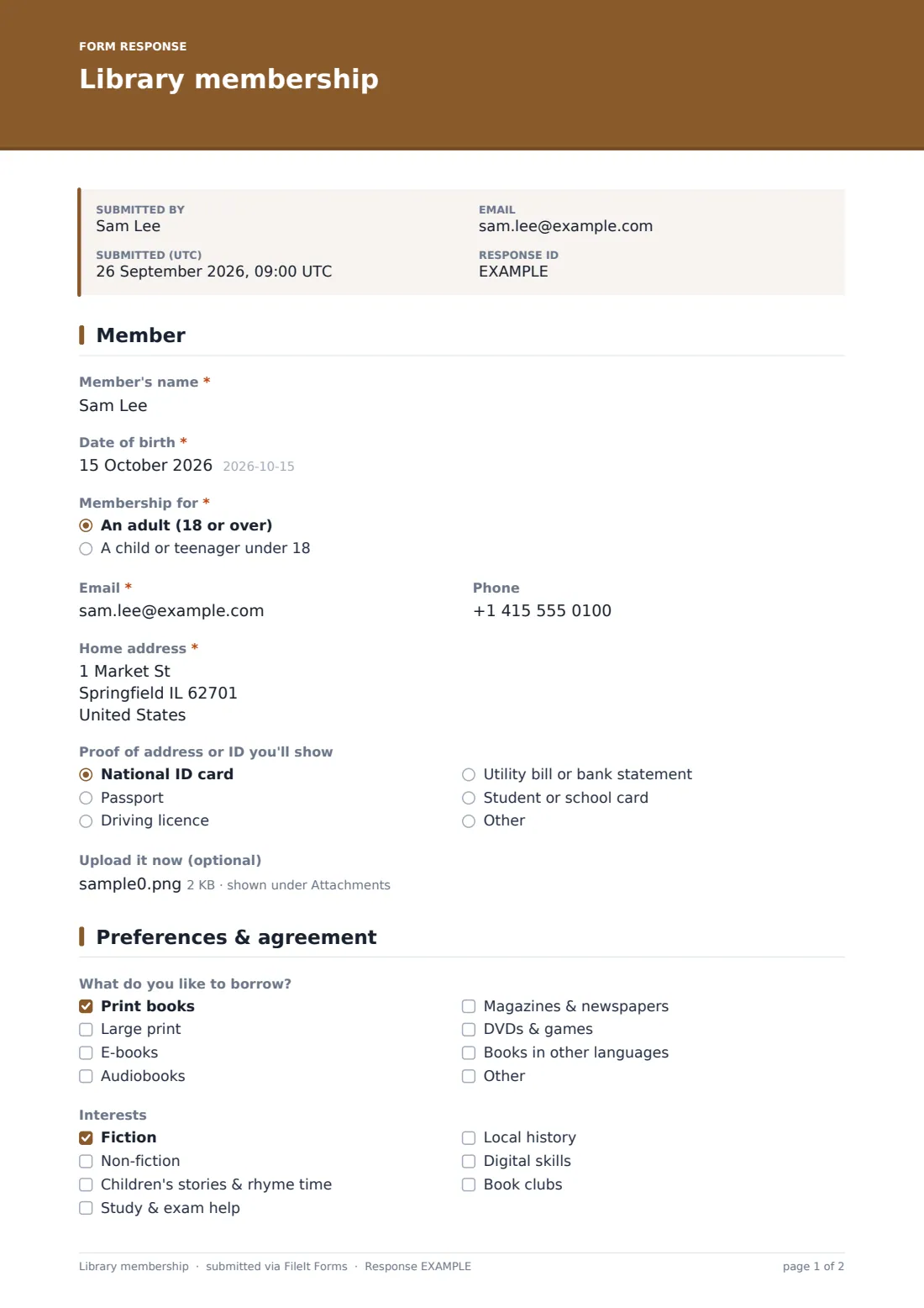 Library membership — example response PDF, page 1 of 2