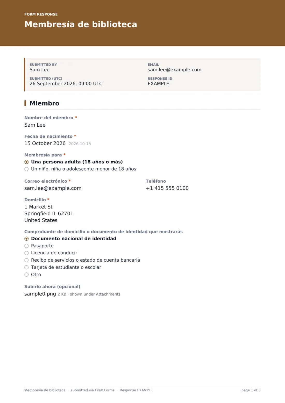 Membresía de biblioteca — PDF de respuesta de ejemplo, página 1 de 3