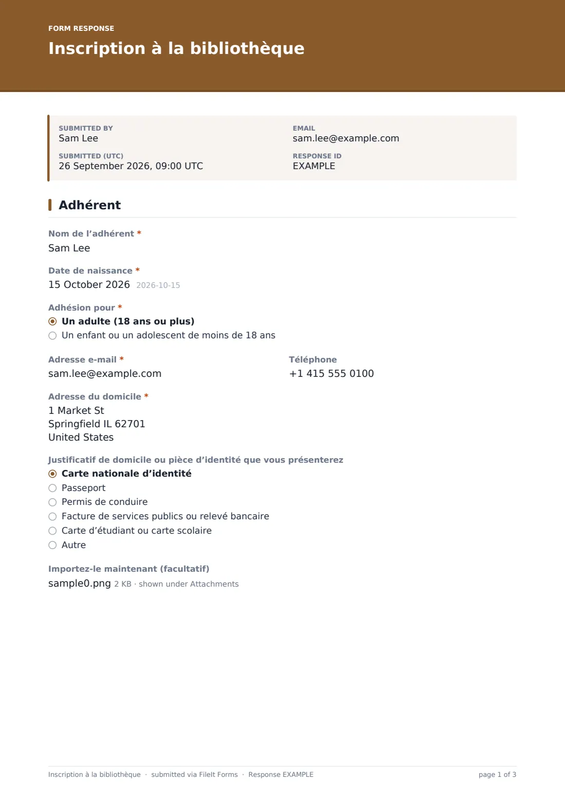 Inscription à la bibliothèque — exemple de réponse au format PDF, page 1 sur 3