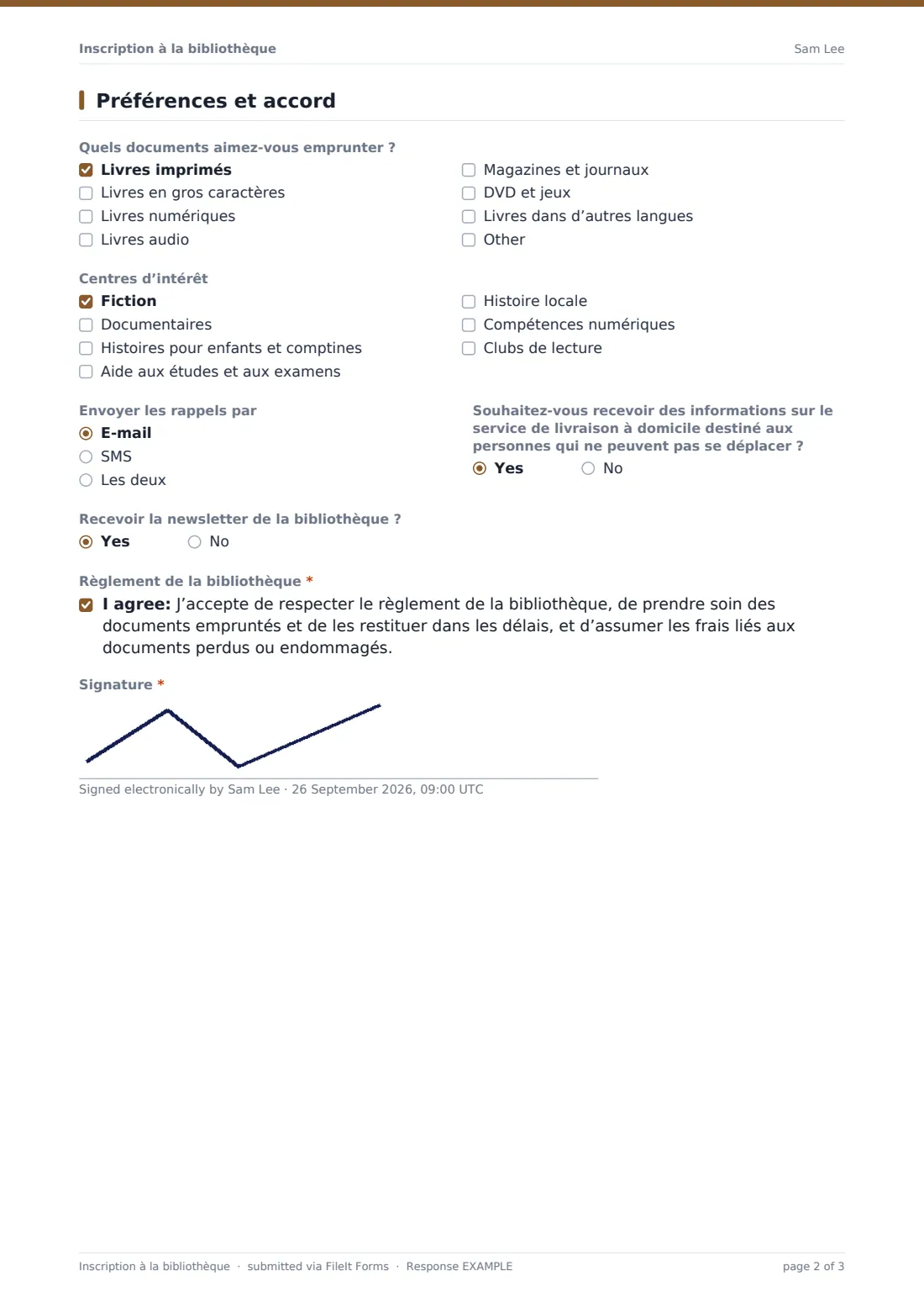 Inscription à la bibliothèque — exemple de réponse au format PDF, page 2 sur 3