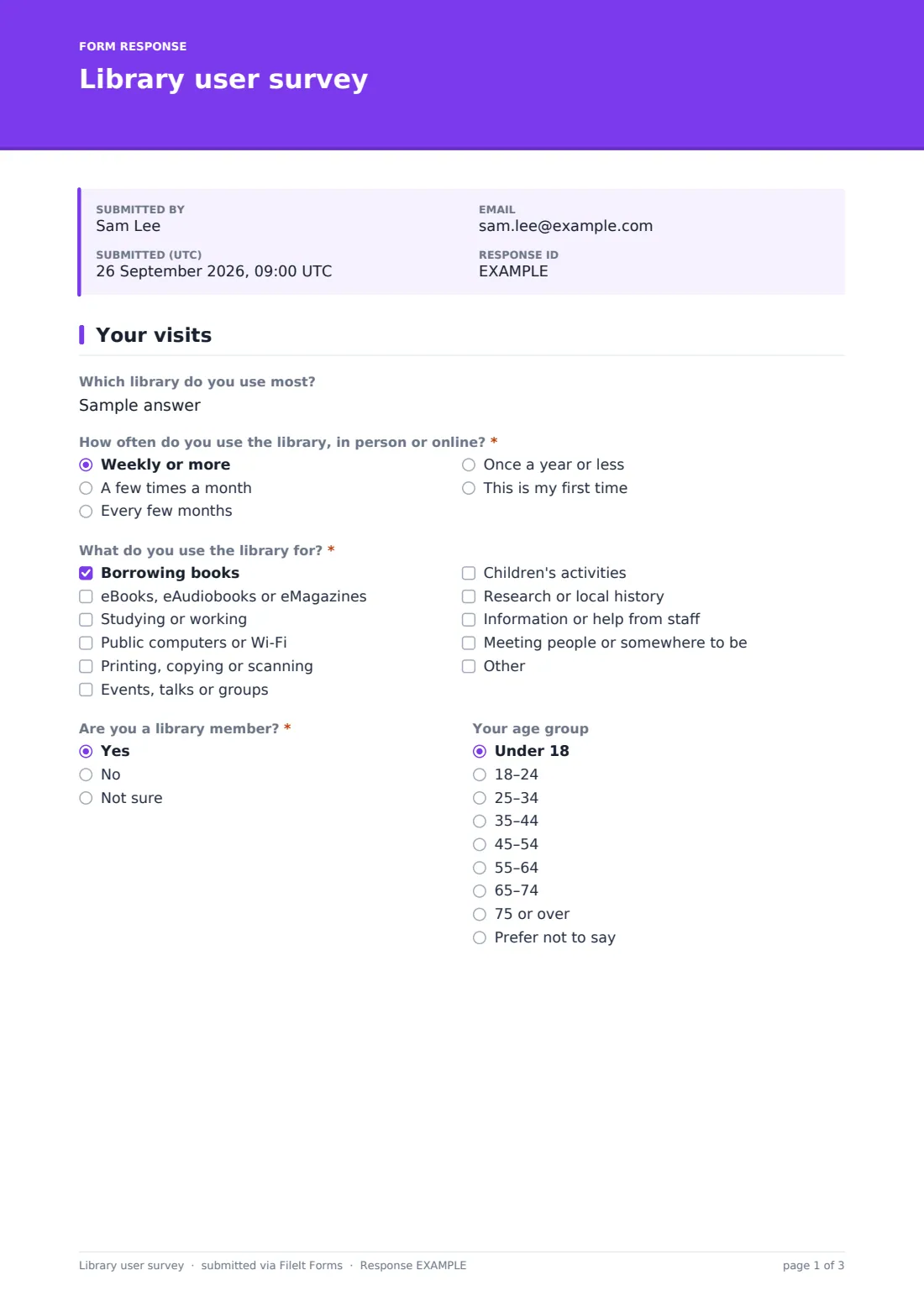 Library user survey — example response PDF, page 1 of 3