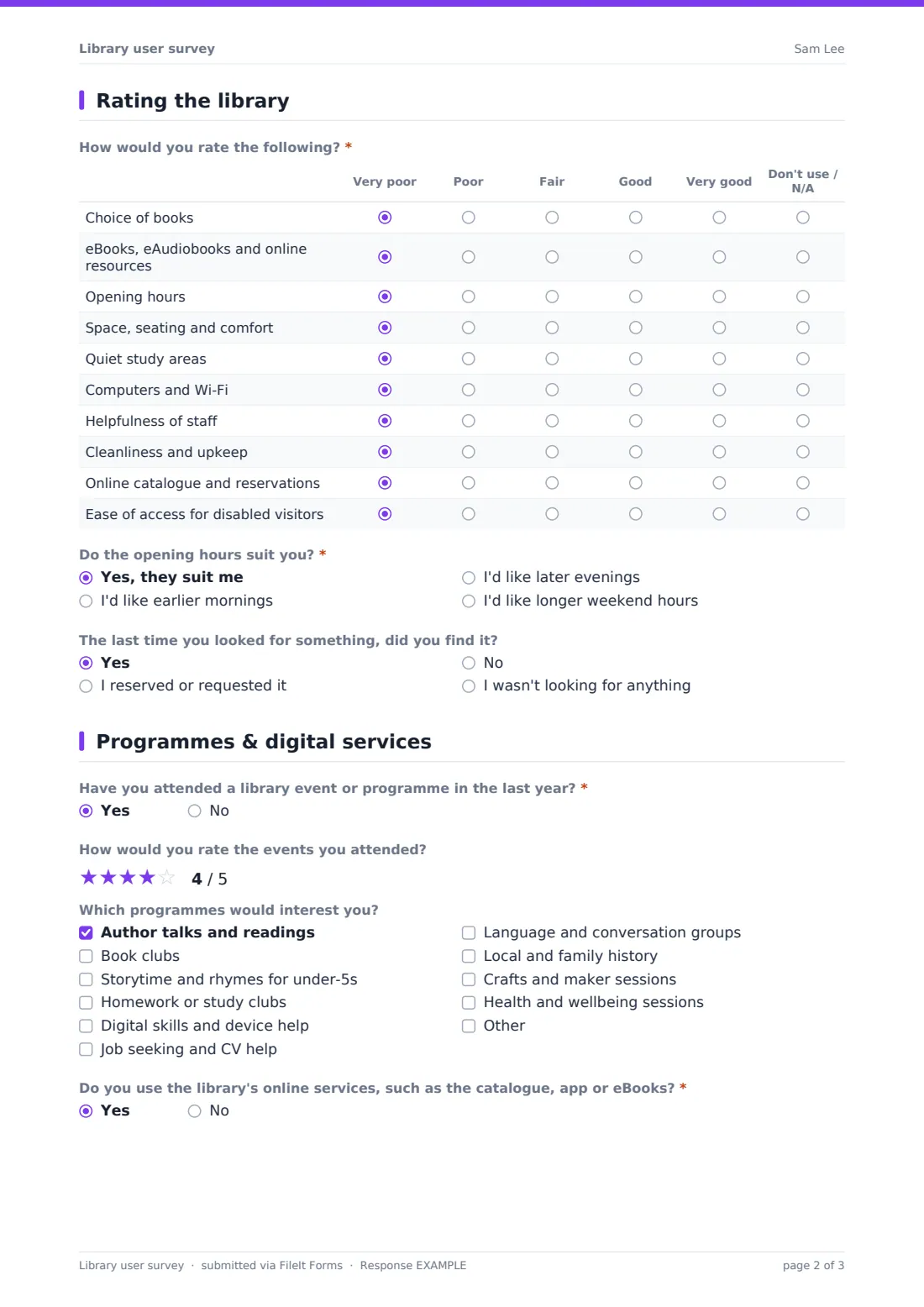 Library user survey — example response PDF, page 2 of 3