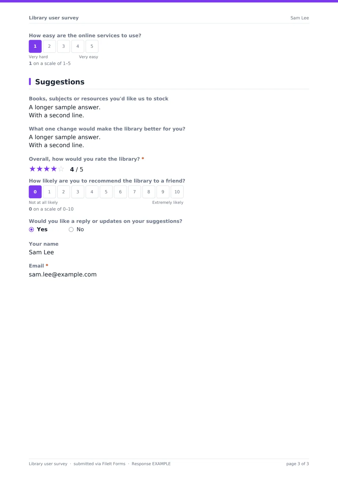 Library user survey — example response PDF, page 3 of 3