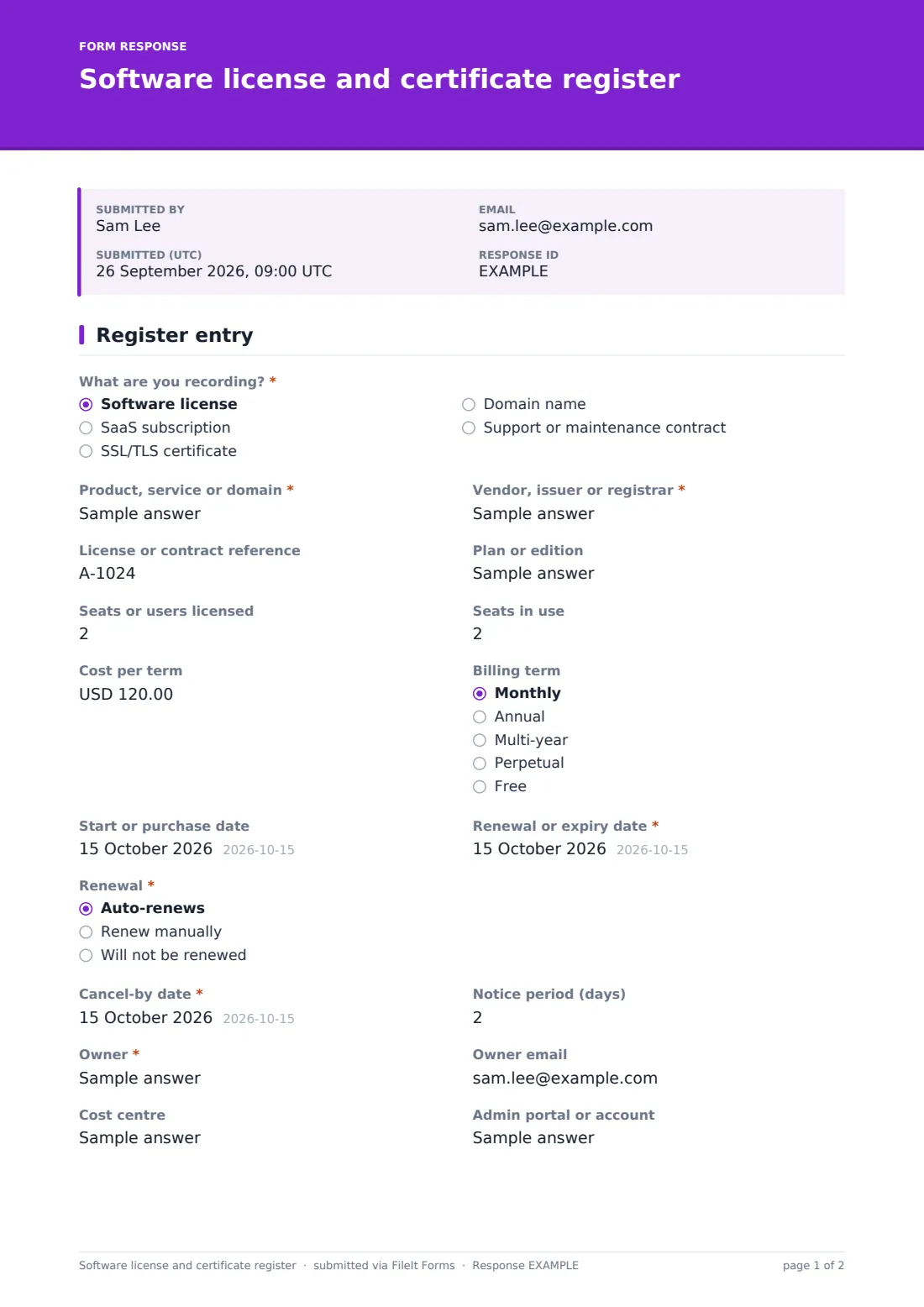 Software license and certificate register — example response PDF, page 1 of 2