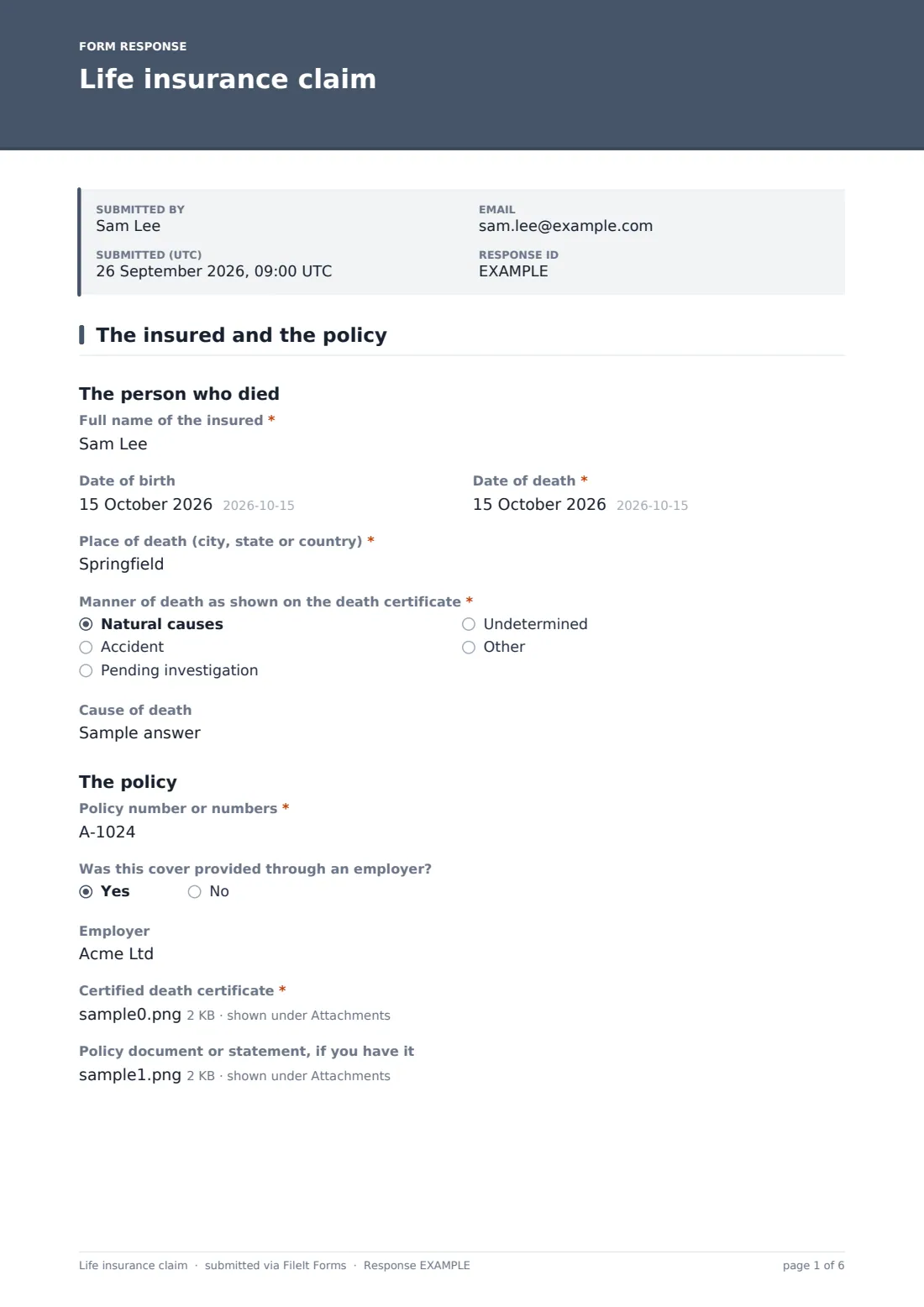 Life insurance claim — example response PDF, page 1 of 6