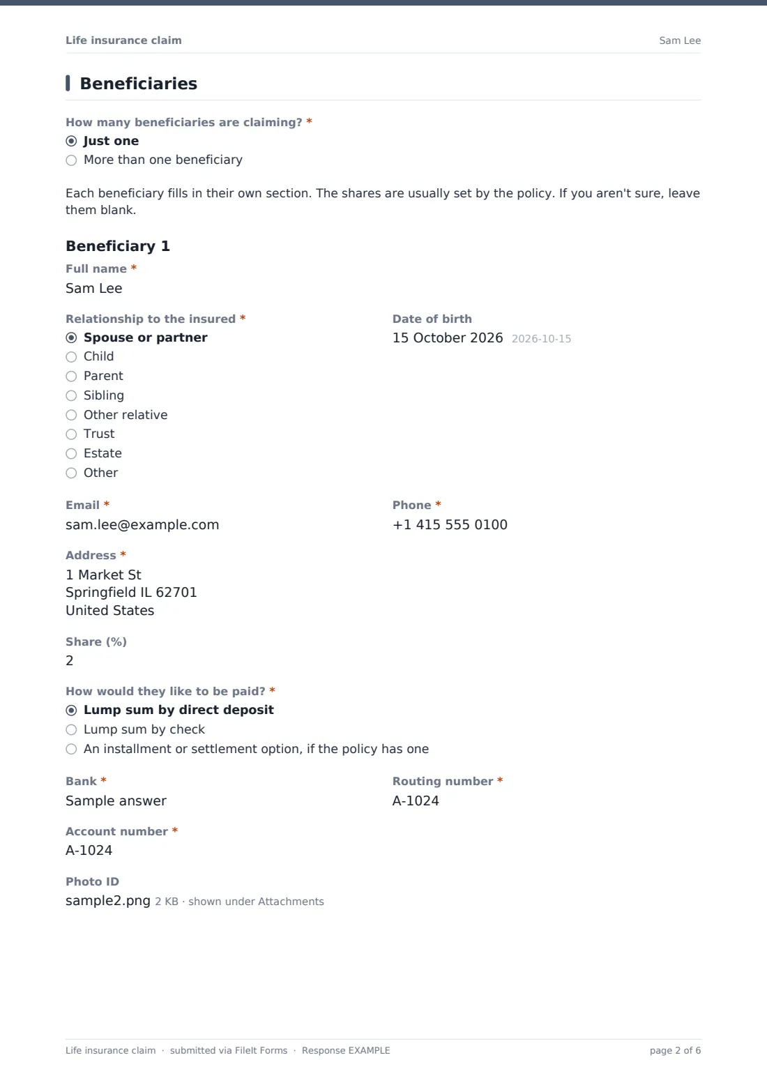 Life insurance claim — example response PDF, page 2 of 6