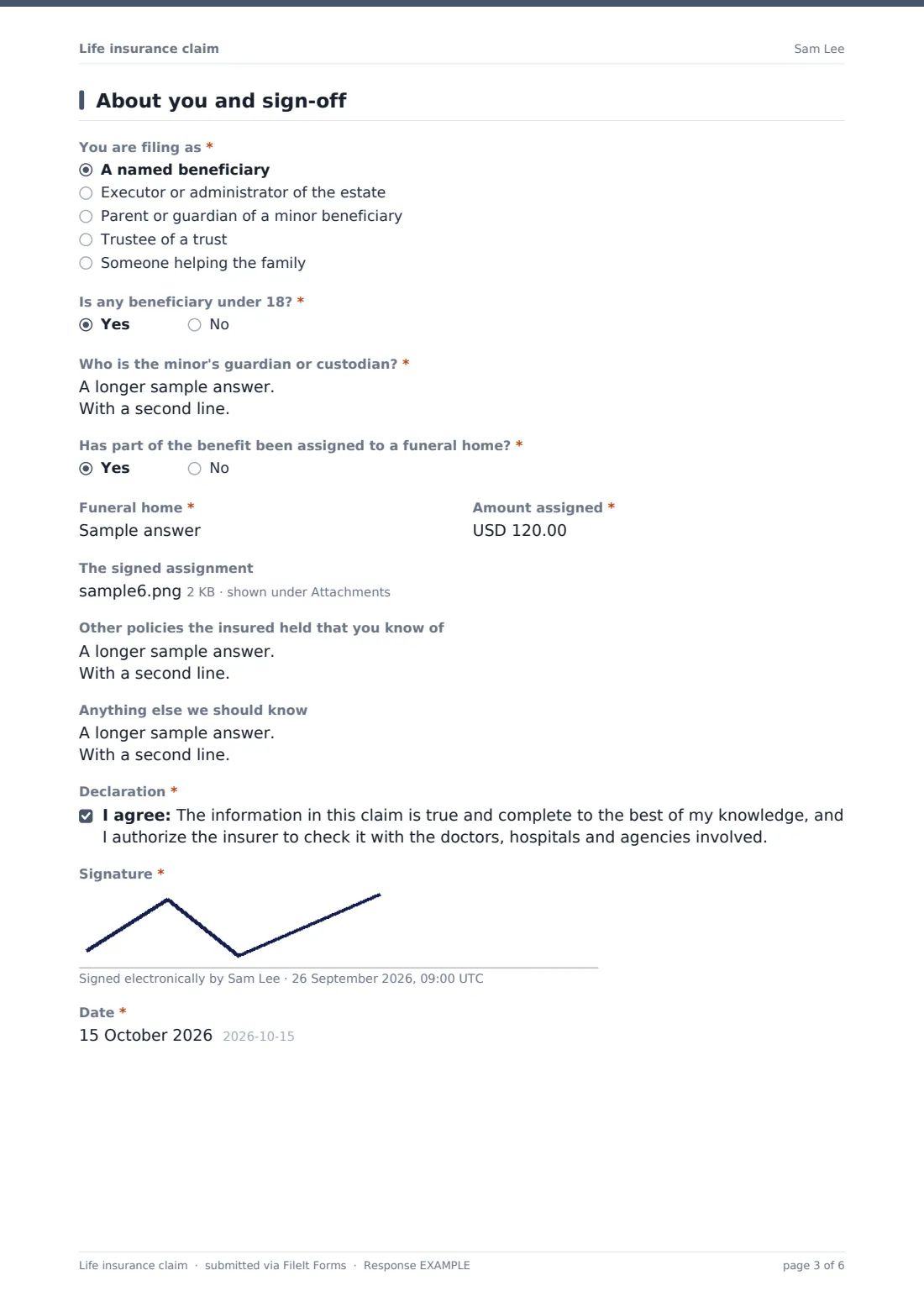 Life insurance claim — example response PDF, page 3 of 6