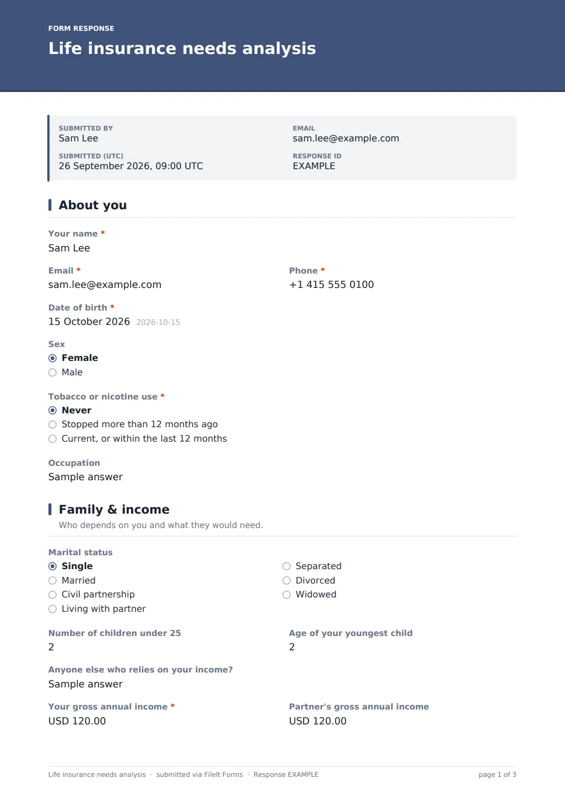 Life insurance needs analysis — example response PDF, page 1 of 3