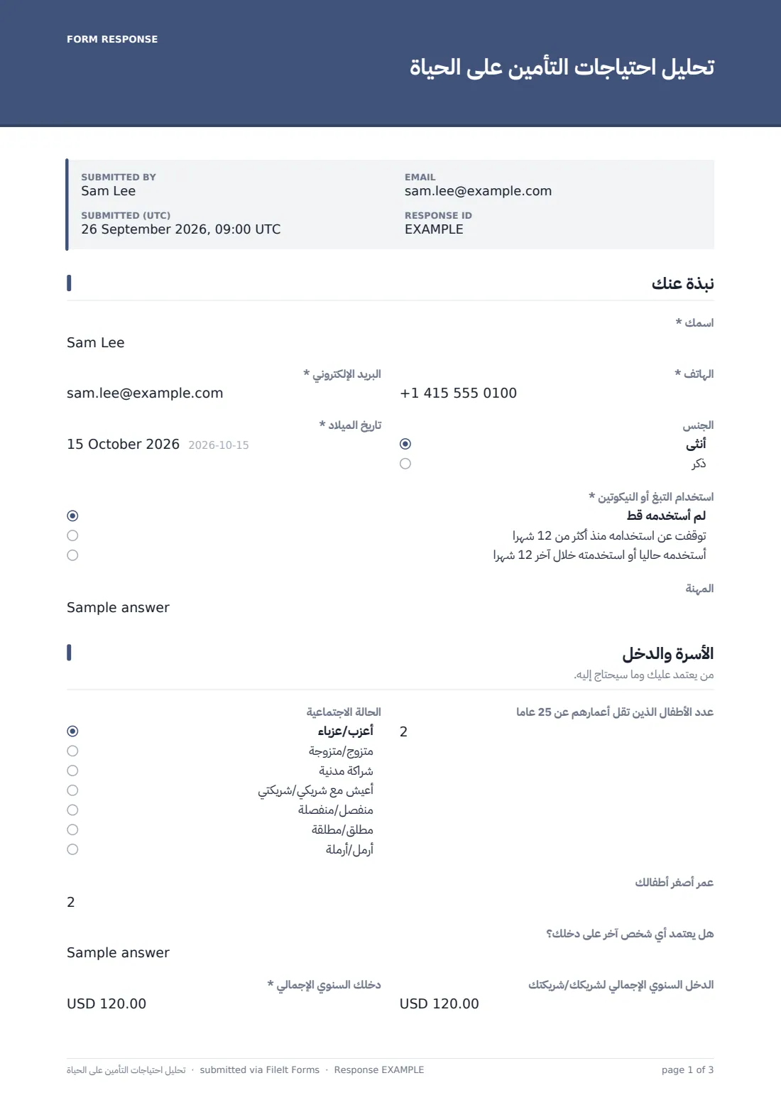 تحليل احتياجات التأمين على الحياة — ملف PDF لرد نموذجي، الصفحة 1 من 3