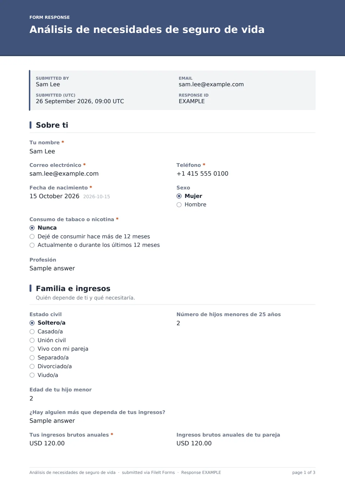 Análisis de necesidades de seguro de vida — PDF de respuesta de ejemplo, página 1 de 3