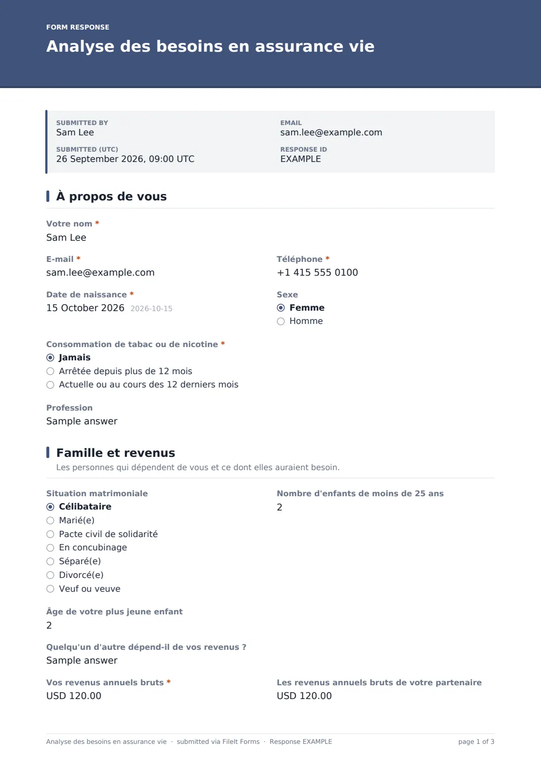 Analyse des besoins en assurance vie — exemple de réponse au format PDF, page 1 sur 3