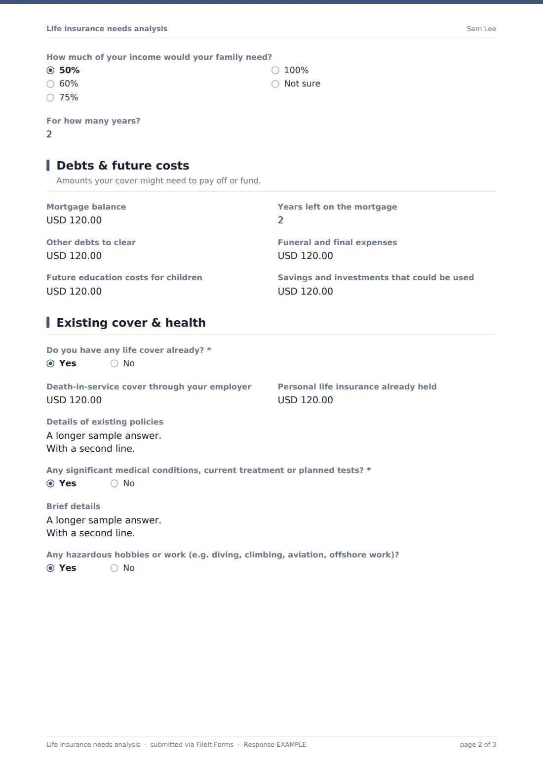 Life insurance needs analysis — example response PDF, page 2 of 3