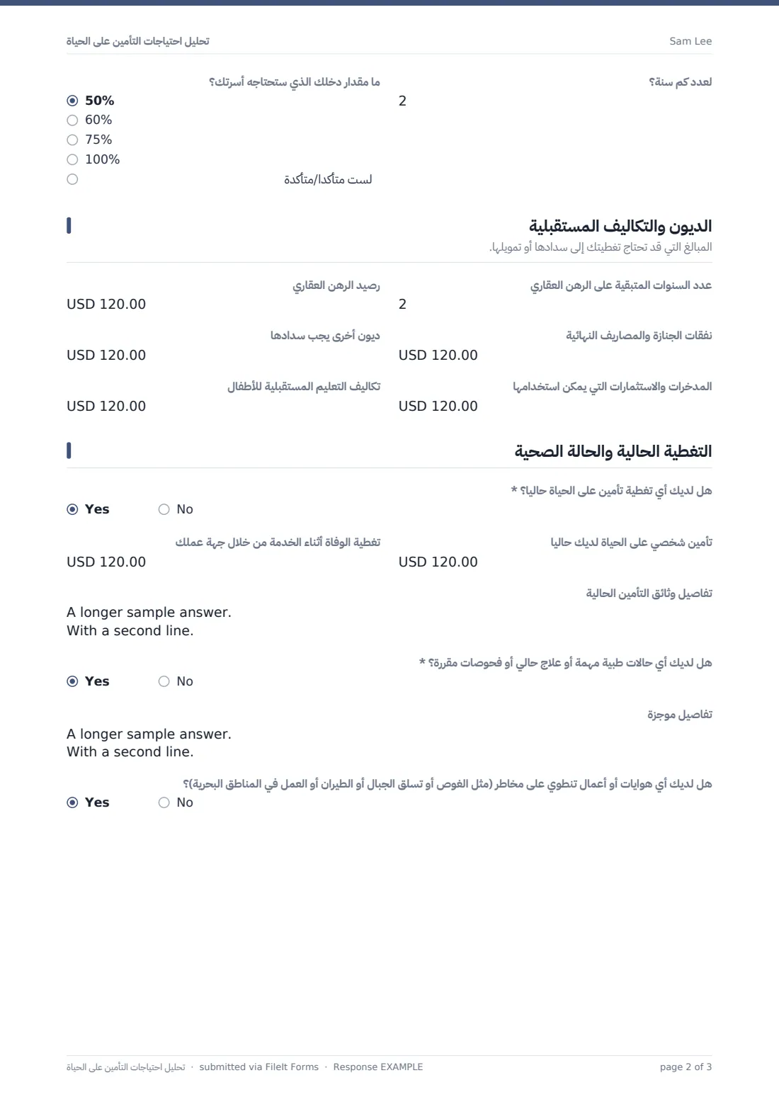 تحليل احتياجات التأمين على الحياة — ملف PDF لرد نموذجي، الصفحة 2 من 3